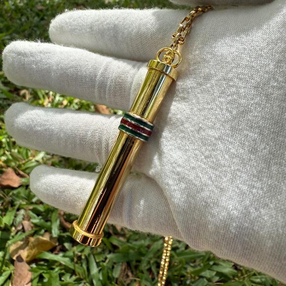 Vintage Gucci Golden Stick Perfume Bottle Necklace Webbing Green Red Sherry Line - Picture 8 of 11